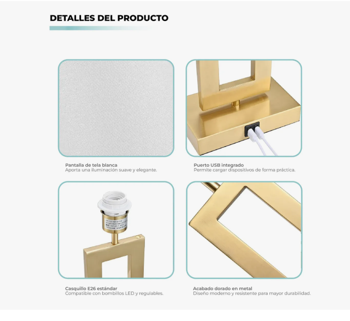 Juego x2 Lámparas de Mesa Inteligentes Atikus Golden – Lujo, Carga USB y Control Táctil