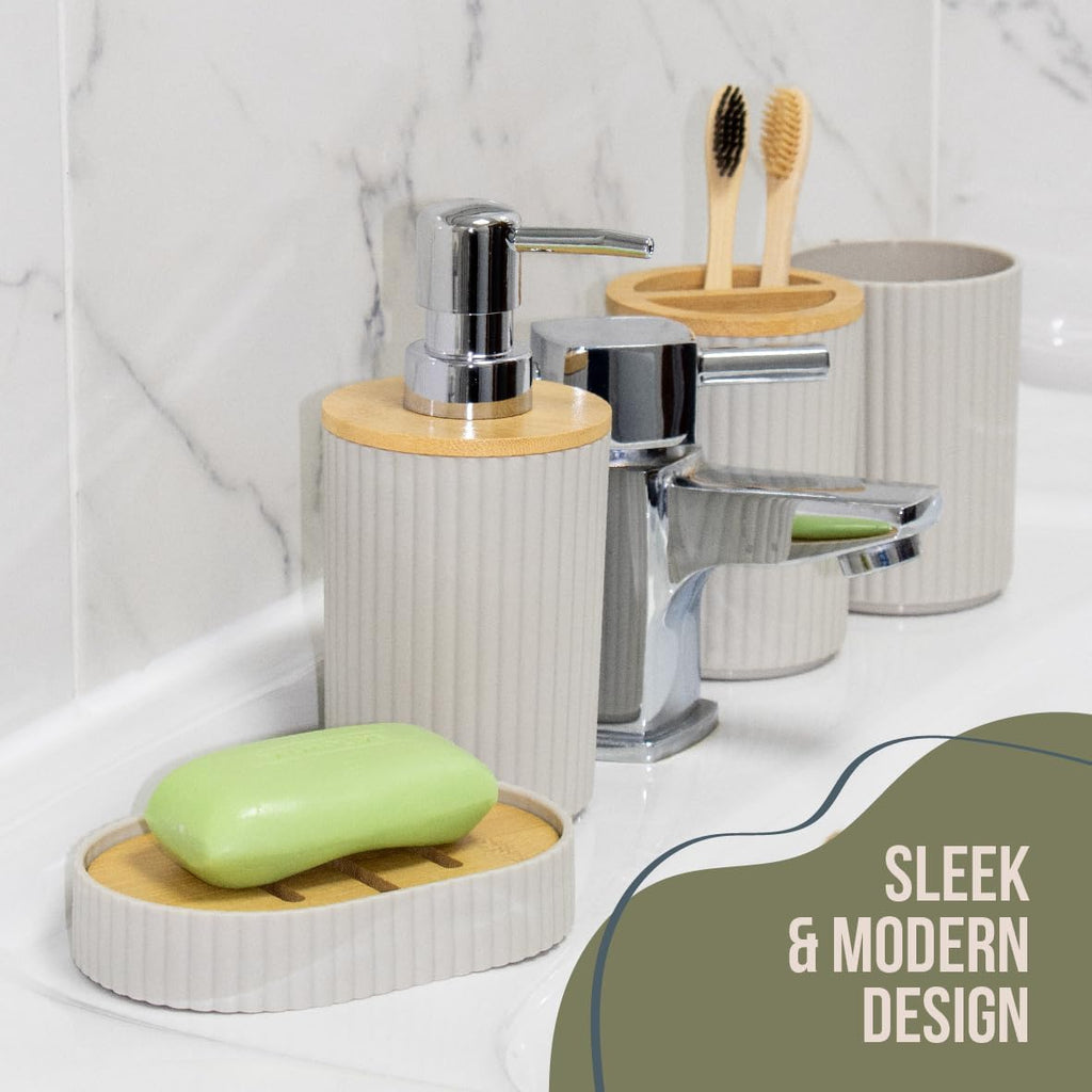 Set de Baño Acanalado con Bambú (6 Piezas) – Estilo Orgánico y Moderno