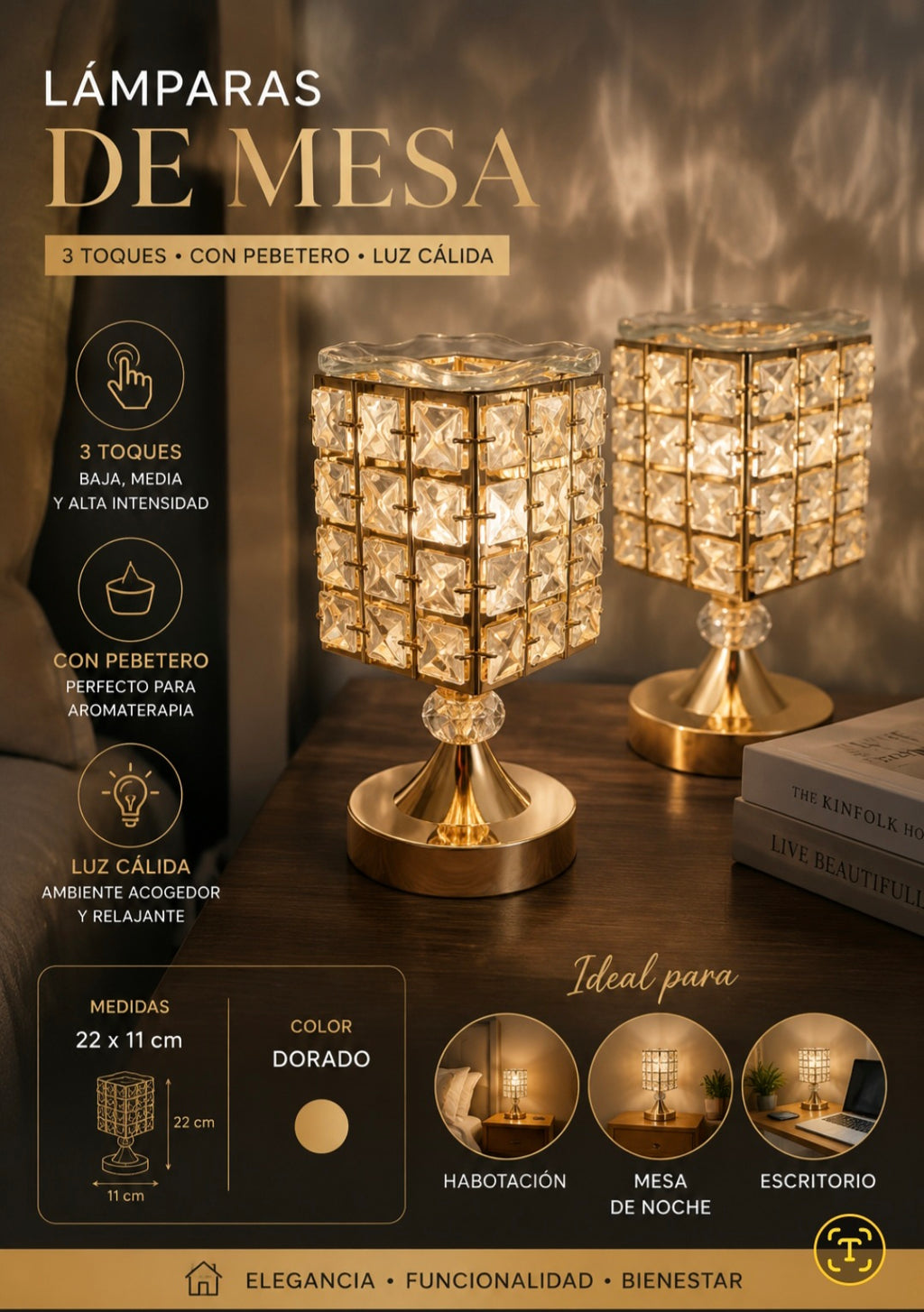 Combo x2 Lámparas Táctiles con Pebetero Esencial (REF 7024) – Luz y Aromaterapia en tu Habitación