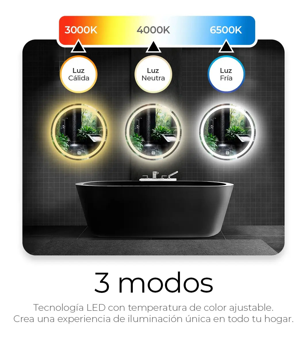 Espejo Redondo 70cm Con Luz Led 3 Tonos