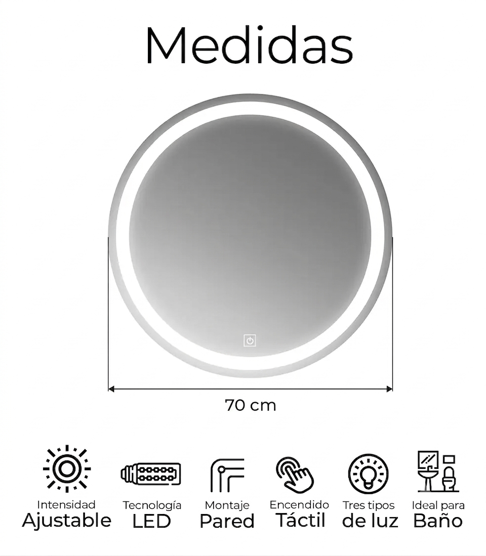 Espejo Redondo 70cm Con Luz Led 3 Tonos